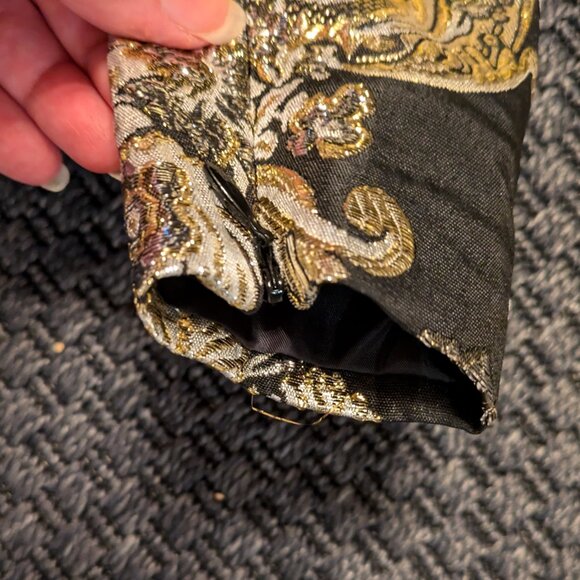 ASOS LUXE jacquard triple ruffle bardot top in black and gold (UK 10/US 6) - Picture 5 of 6